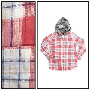 OshKosh Boys Size 7 Plaid Hooded Shirt Red Blue Button Down